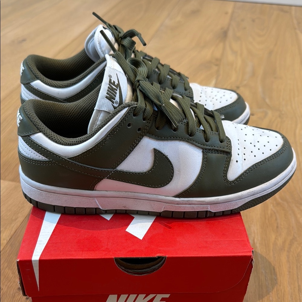 Nike Womens Dunk Low Olive and White Sneakers
